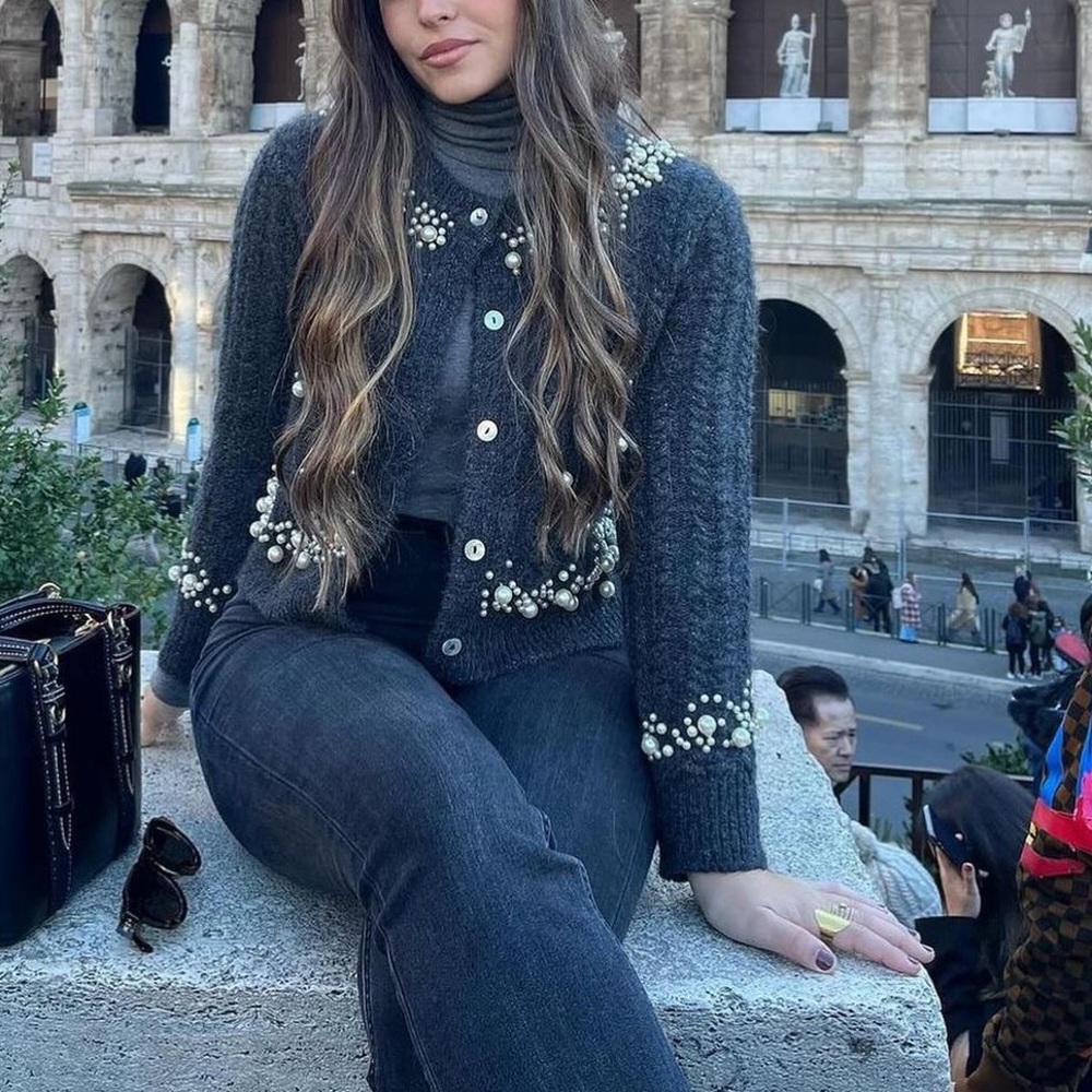 Zara Dark Gray Cardigan with Pearl Accents